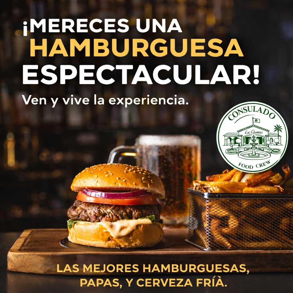 Delicious gourmet hamburger with crispy fries and cold beer at Consulado Food Crew, a top family restaurant bar lounge in Rosarito Baja California offering casual dining, burgers, drinks, and a relaxed nightlife atmosphere.